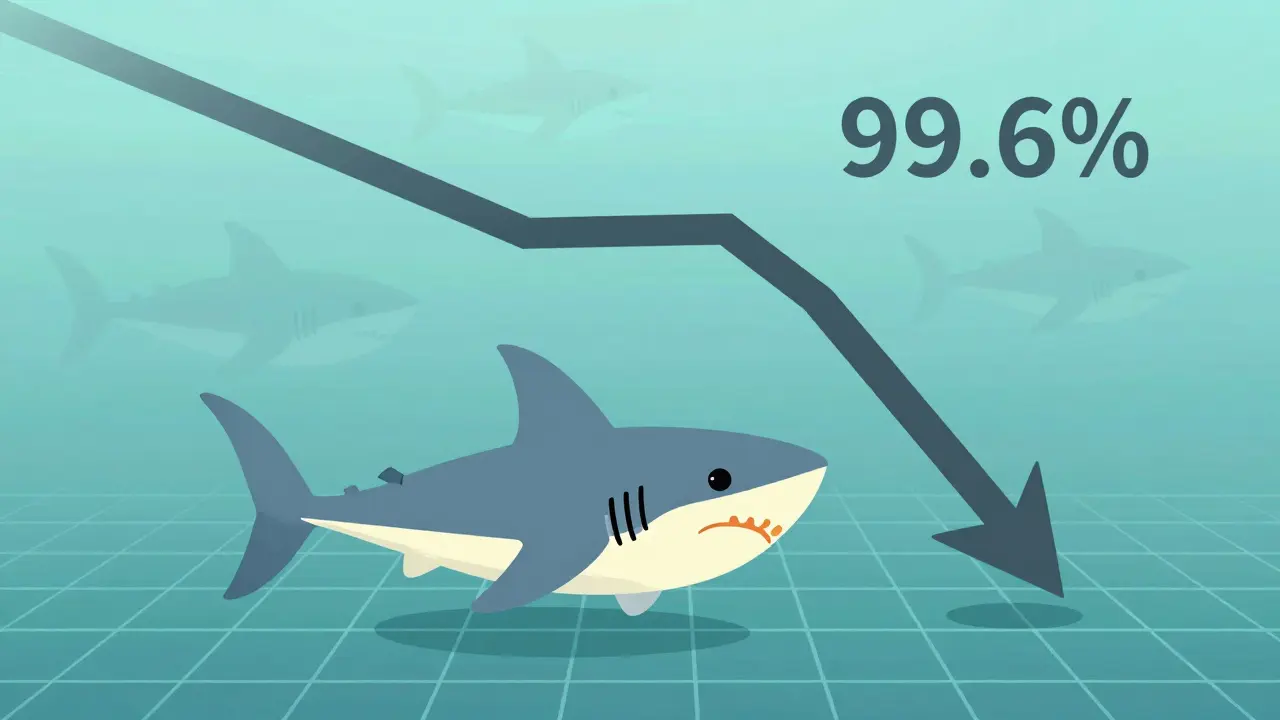 Sad shark floating below a downward trend arrow in an empty digital sea.