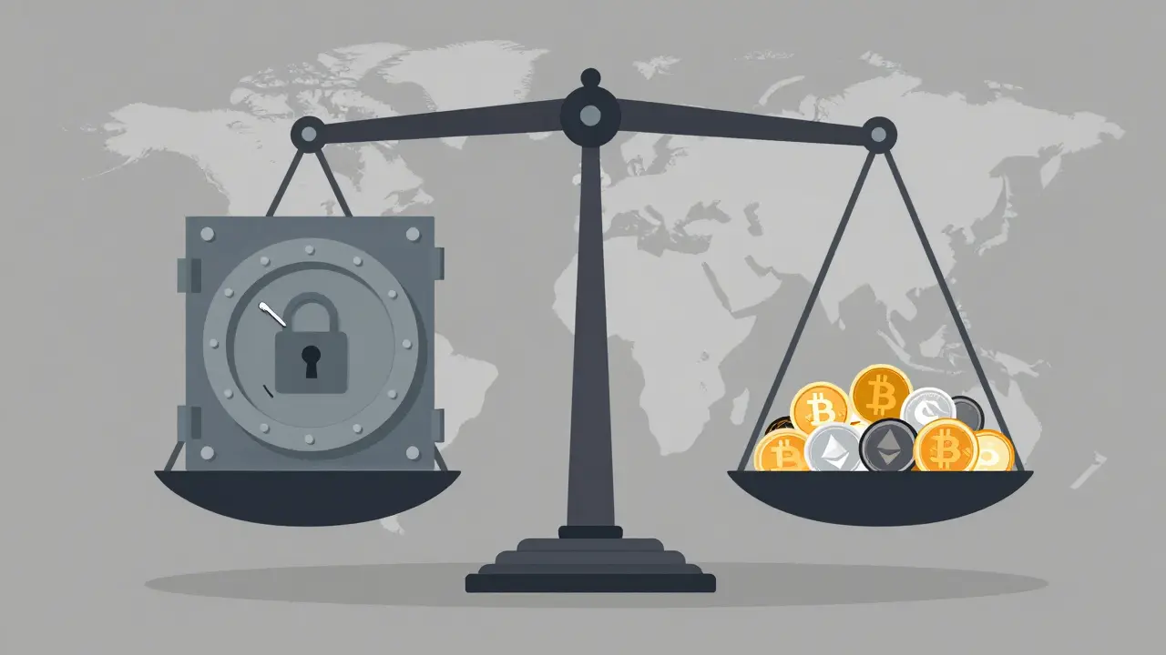 Scale balancing security vault with curated crypto coins
