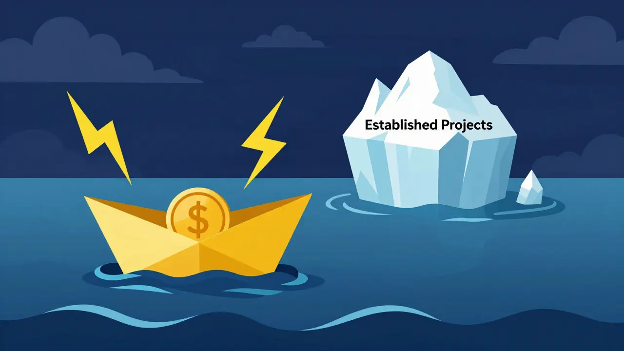 Small boat on rough waves versus a large stable iceberg representing market risk