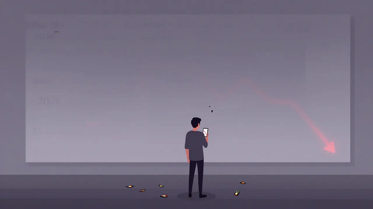 Solitary figure viewing declining token price next to a faded digital mural