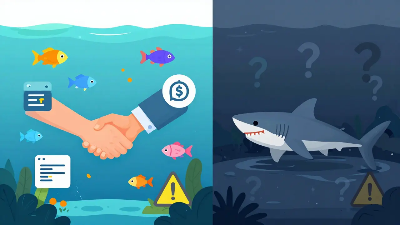 Split illustration comparing vibrant active crypto projects to stagnant ones.