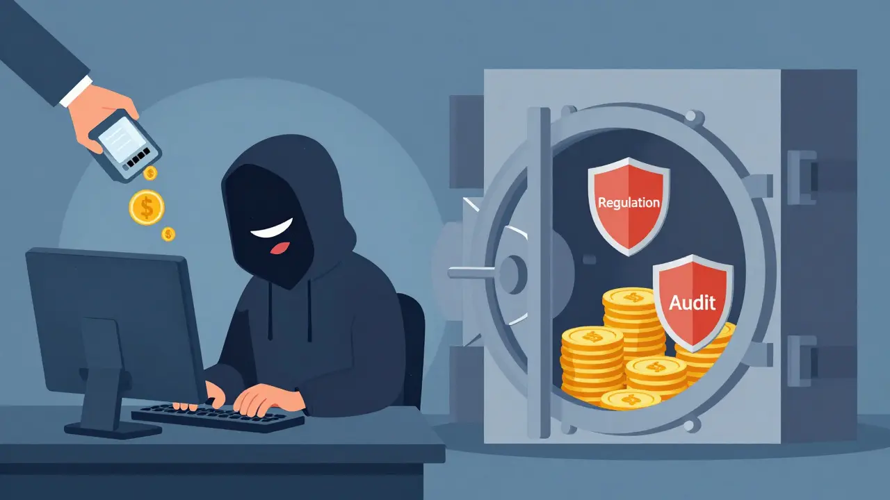 Split illustration contrasting a scammer stealing funds vs a secure vault.