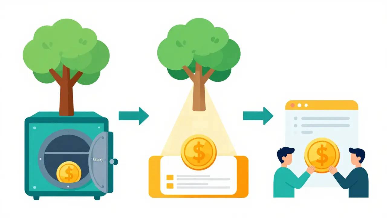 Step-by-step flat illustration of carbon credit tokenization process