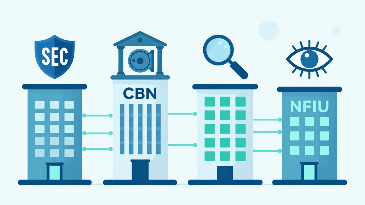 Stylized pillars representing Nigerian crypto regulatory agencies
