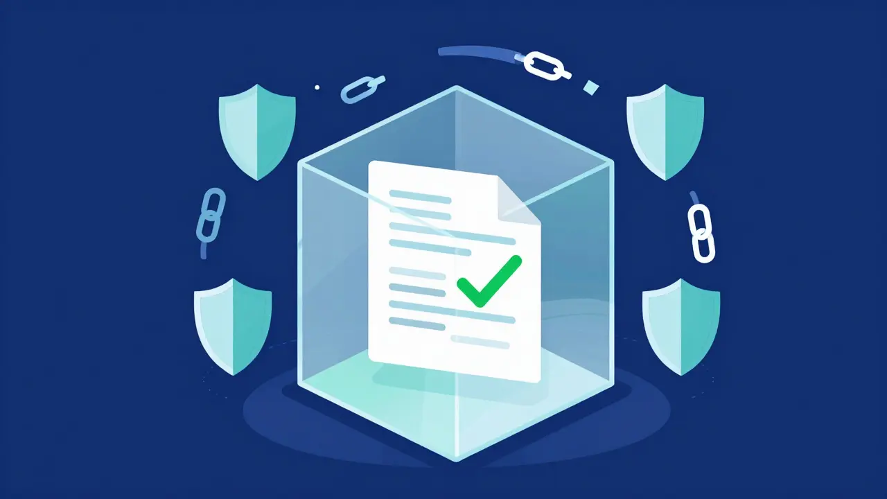 Transparent cube with smart contract symbolizing blockchain security