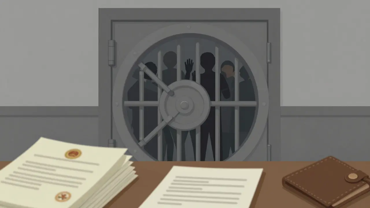 Trapped silhouettes behind a locked vault door with legal papers nearby.