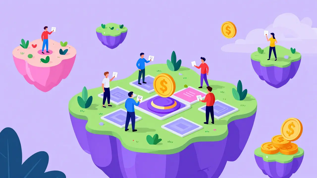 Avatars trading land in colorful metaverse world