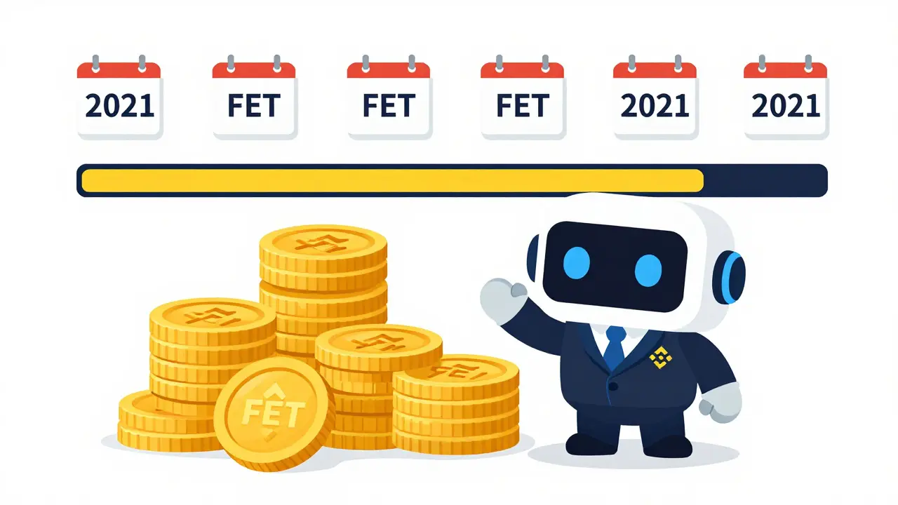 Cartoon showing FET token holdings and weekly snapshot calendars for airdrop eligibility