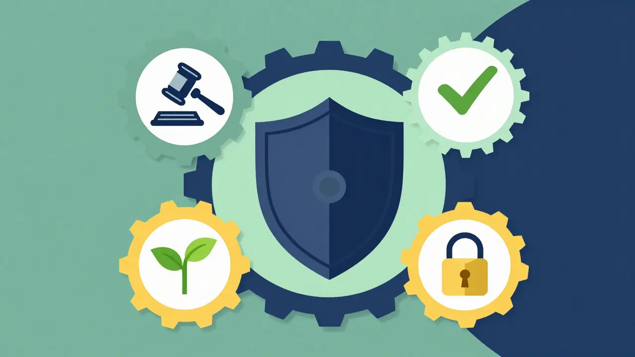 Cartoon style graphic depicting secure, compliant DAO governance and sustainable utility.
