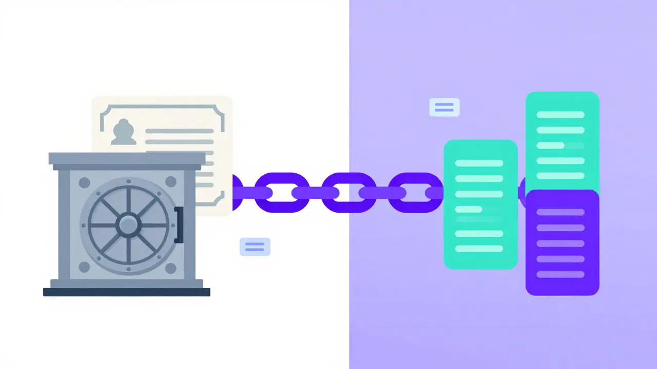 Chain link connecting bank vault to crypto blocks