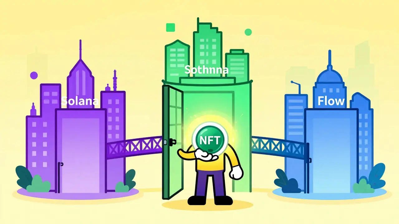 Character connecting different blockchain cities with an NFT key