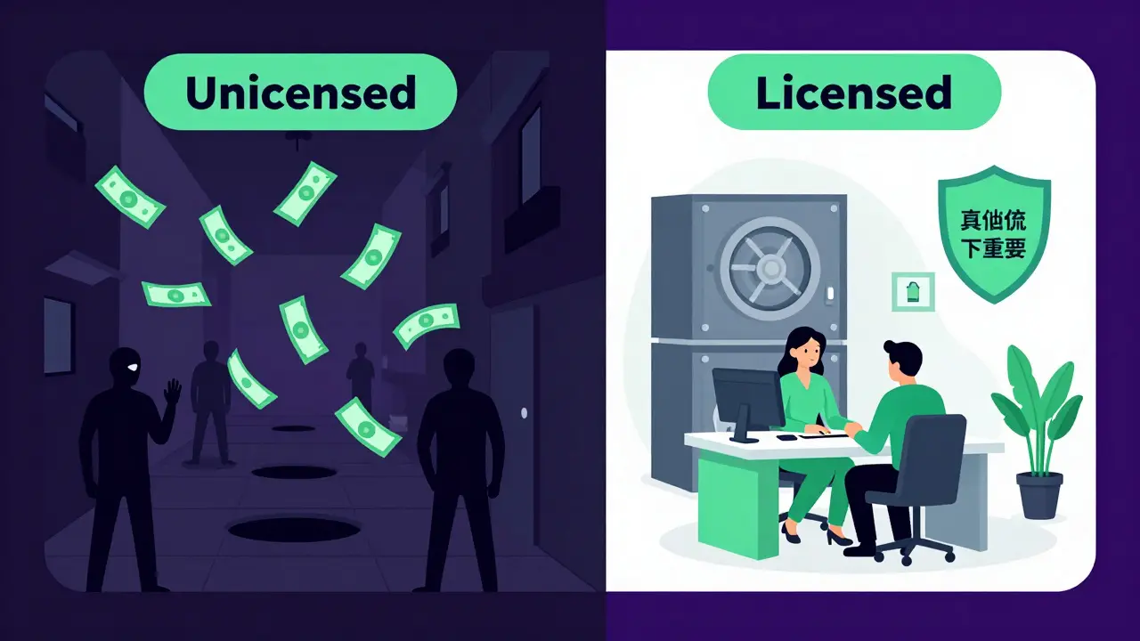 Comparison of risky unlicensed vs safe licensed crypto trading