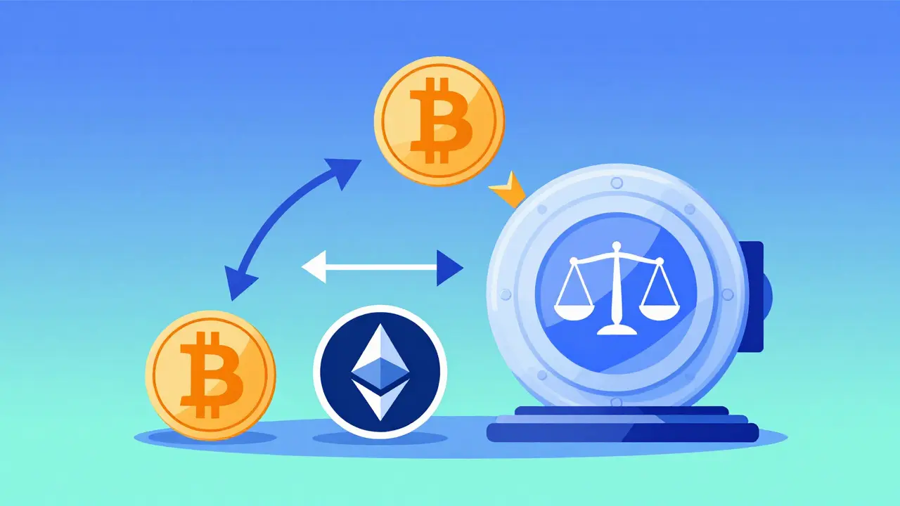 Conceptual art of crypto coins entering a secure regulatory vault for derivatives trading.