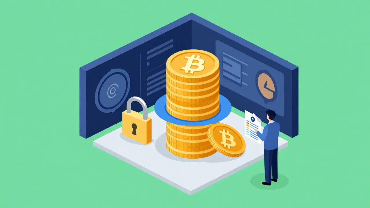 Conceptual flat art of secured crypto assets protected by firewalls and audits