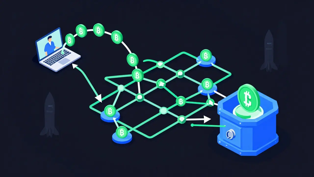 Digital coins flowing through a blockchain web into a state-funded missile vault