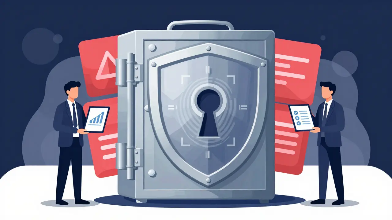 Digital vault and shield representing strict compliance security
