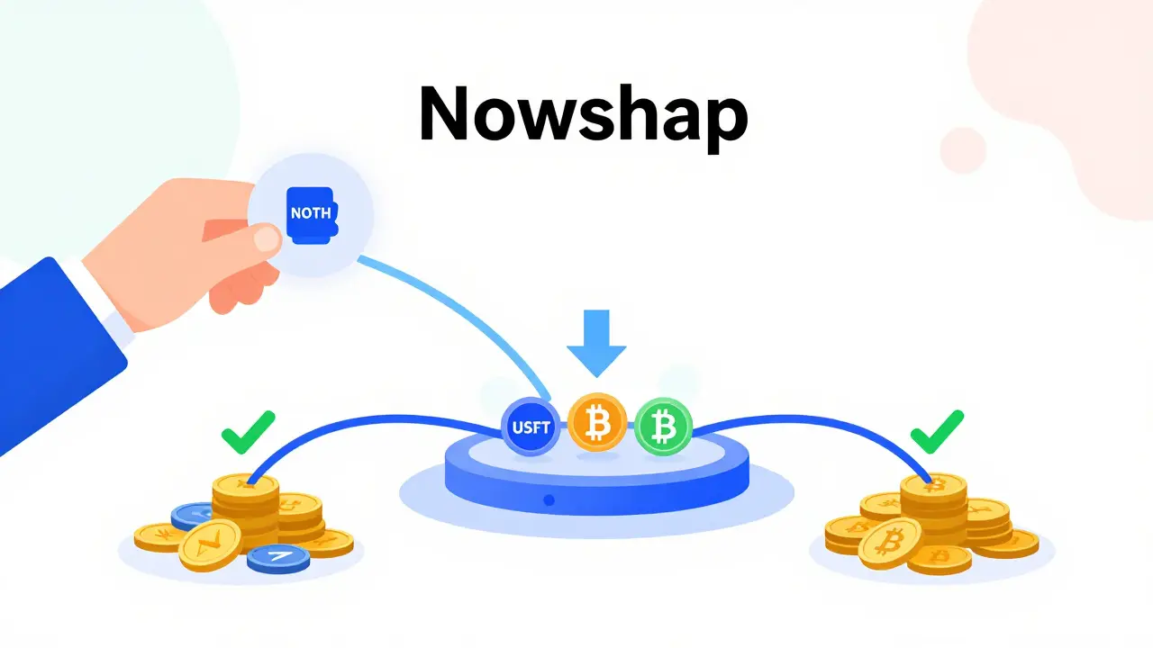 Flat illustration of Nowswap connecting wallet for low-fee swaps