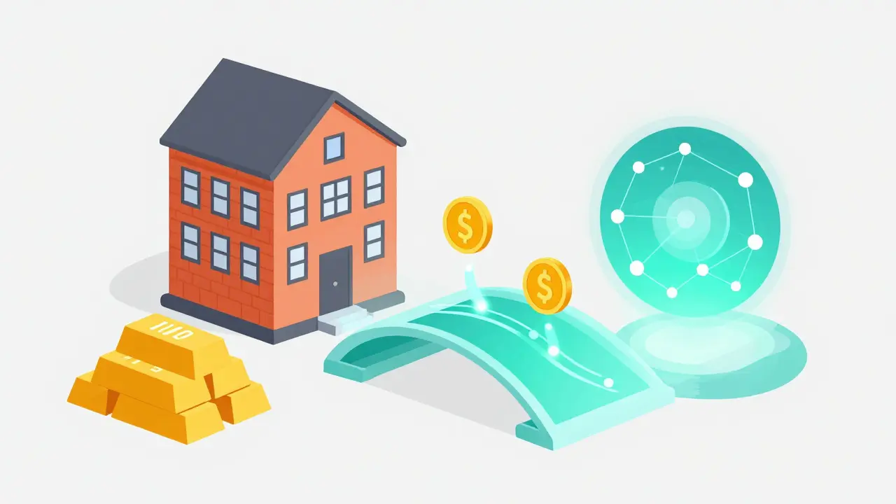 Flat illustration showing digital bridge connecting physical assets to blockchain networks.
