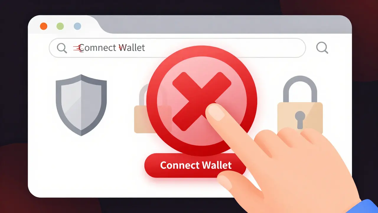 Hand hovering over connect wallet button with security warning