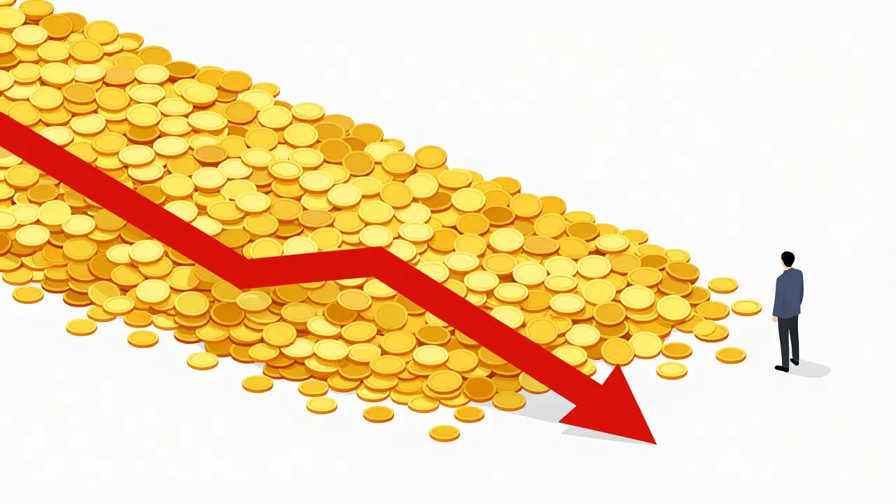 Huge pile of coins representing massive token supply and volatility