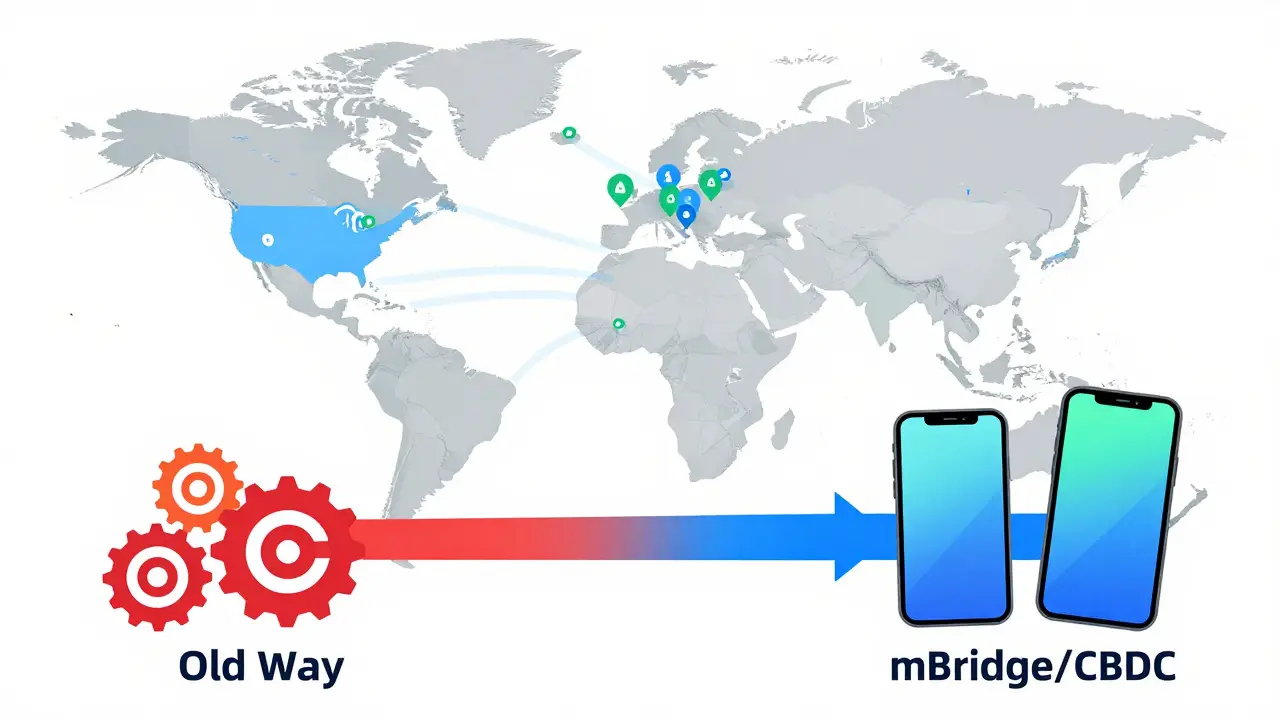Illustration of fast CBDC cross-border payments vs slow banks