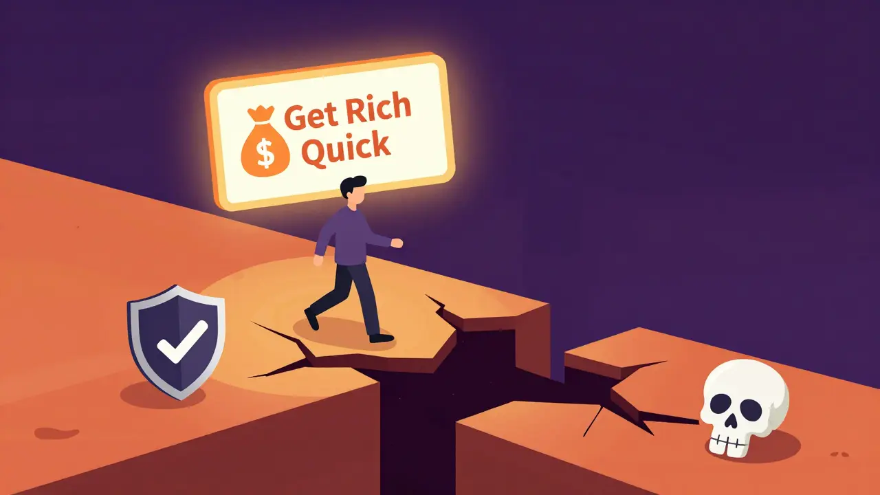Illustration of high-risk crypto investment leading to financial trap