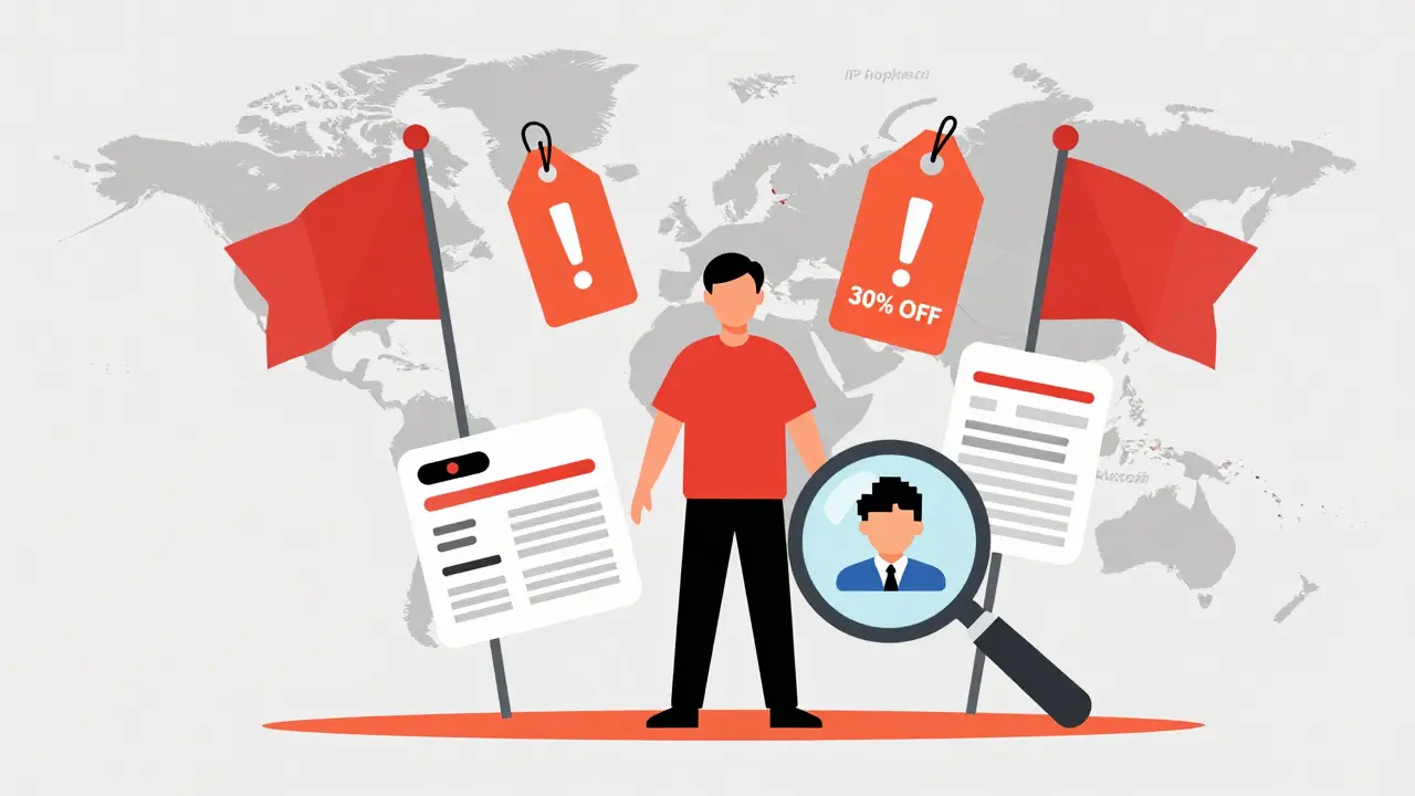 Illustration of hiring red flags including low prices, fake IDs, and video glitches