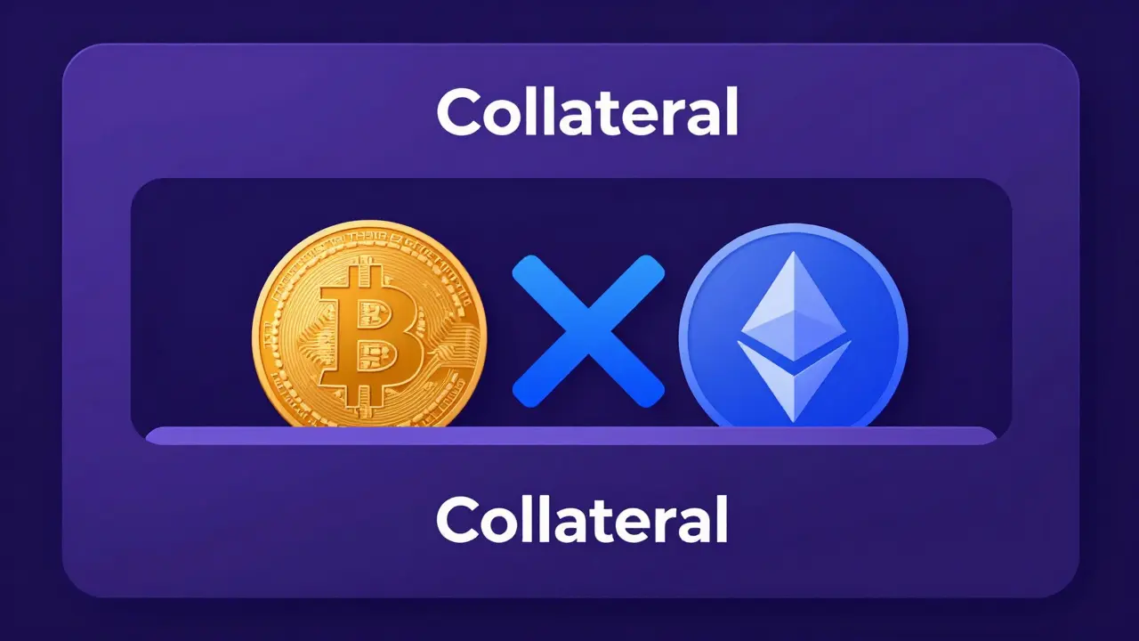 Illustration showing Bitcoin and Ethereum used directly as collateral in a trading interface.
