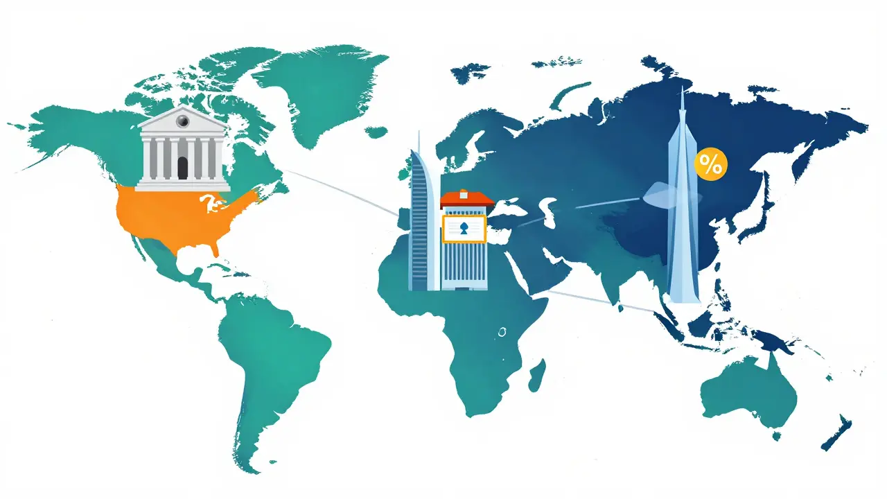 Map highlighting top crypto-friendly jurisdictions like Switzerland, Singapore, and UAE