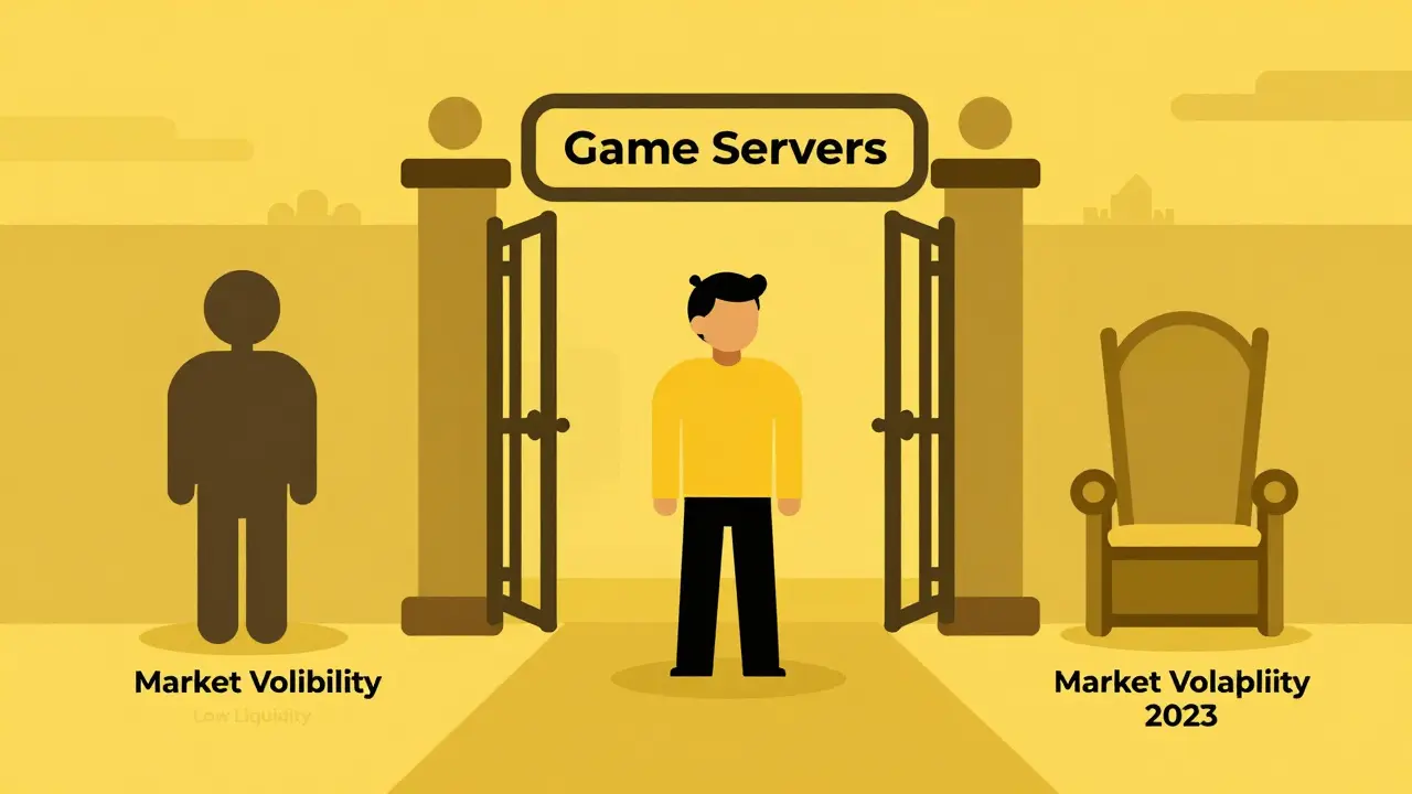Player facing a closed gate surrounded by risk symbols in flat art style.