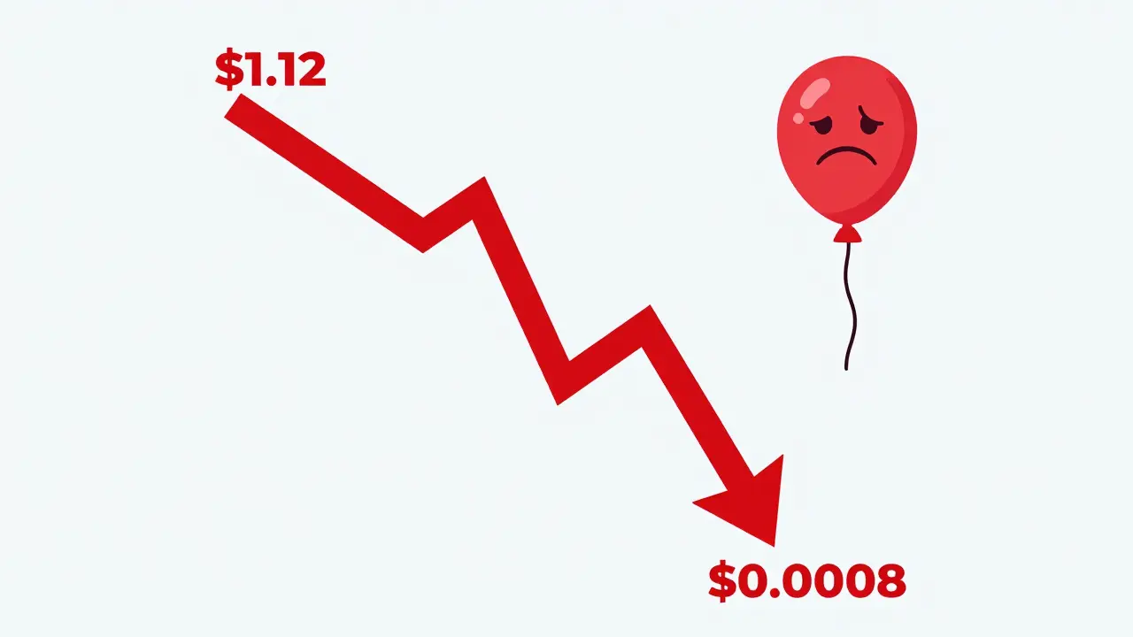 Red downward arrow illustrating the massive drop in AOG token value.