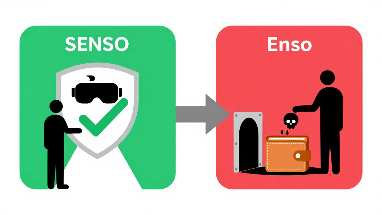 Safety guide distinguishing SENSO VR token from Enso DeFi scam risks
