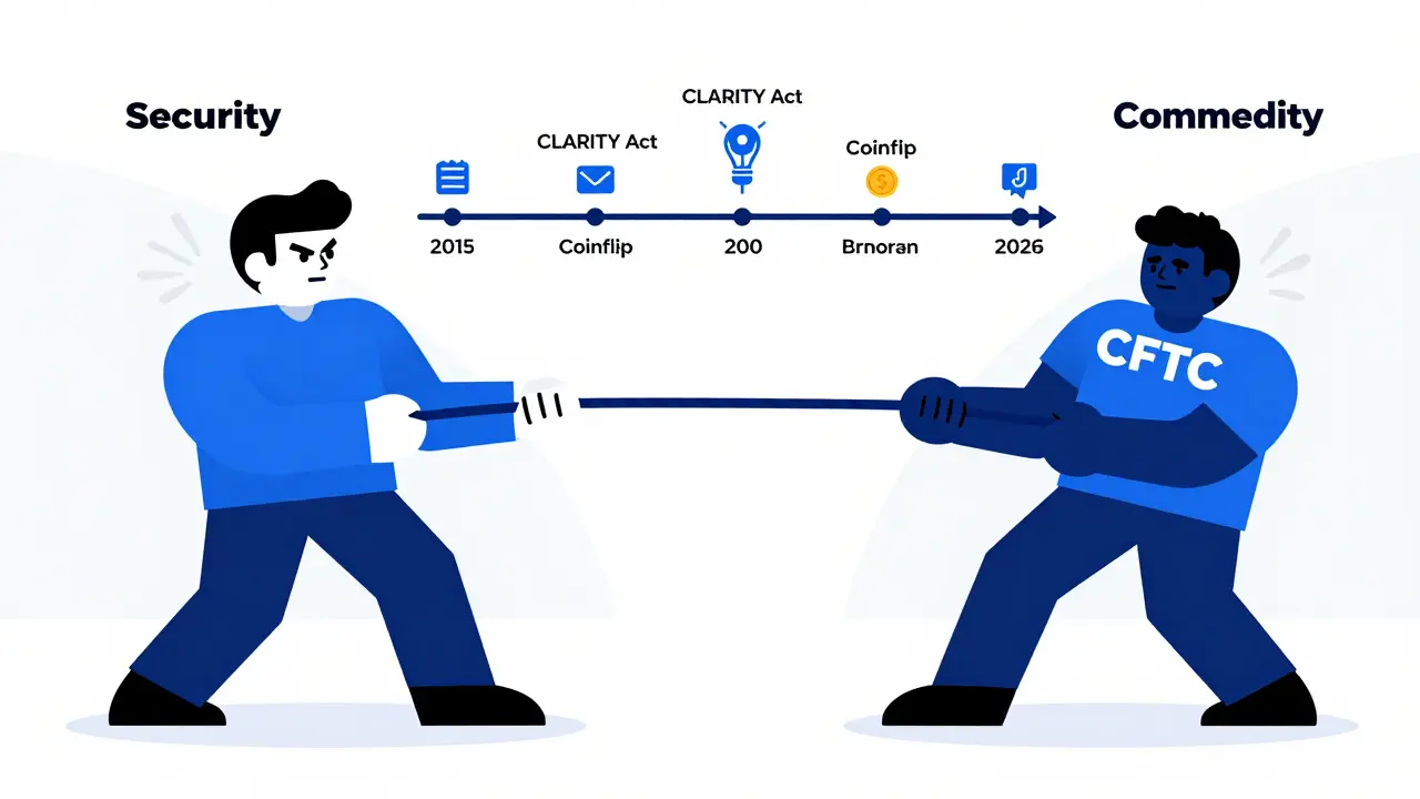 SEC and CFTC mascots pulling a crypto token in opposite directions on a legal timeline.