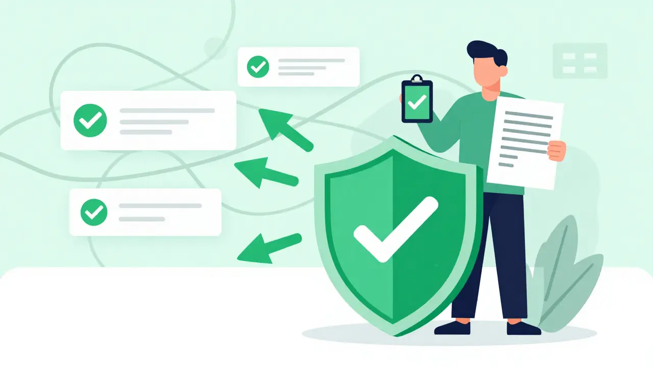 Shield protecting user from phishing scams with safety checklist icons