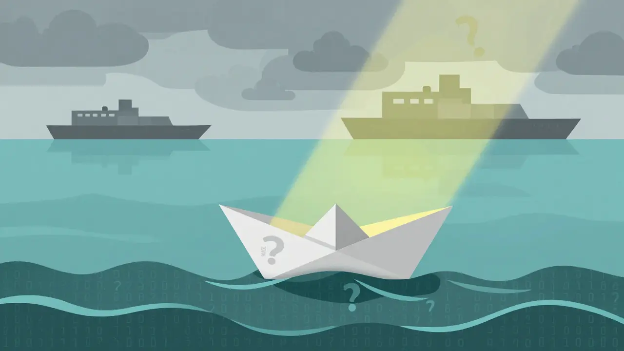 Small boat navigating risky crypto waves representing speculation