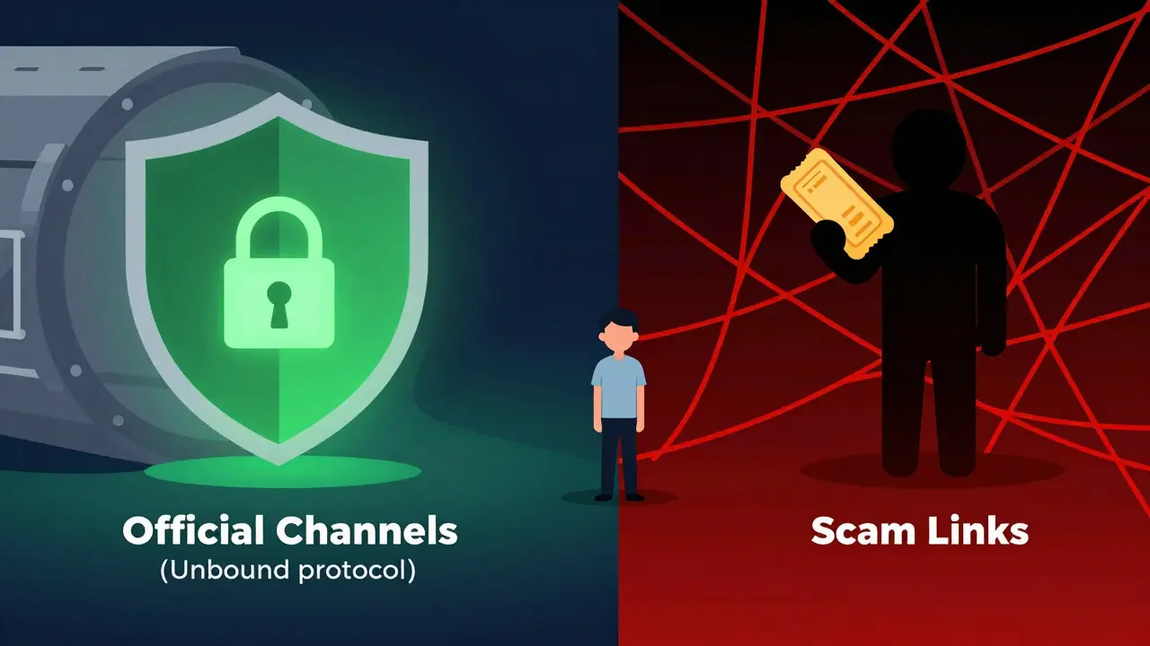 Split path showing safe official channels vs scam traps