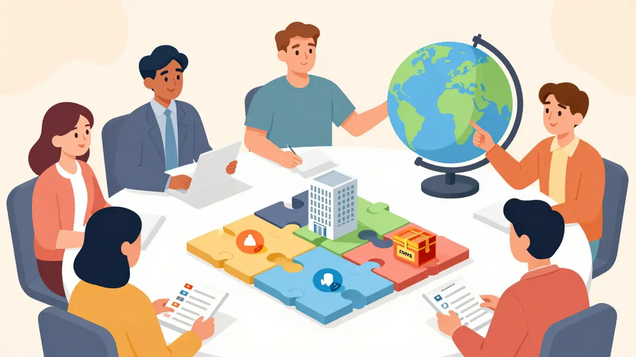 Team planning multi-jurisdictional crypto business structure with puzzle pieces