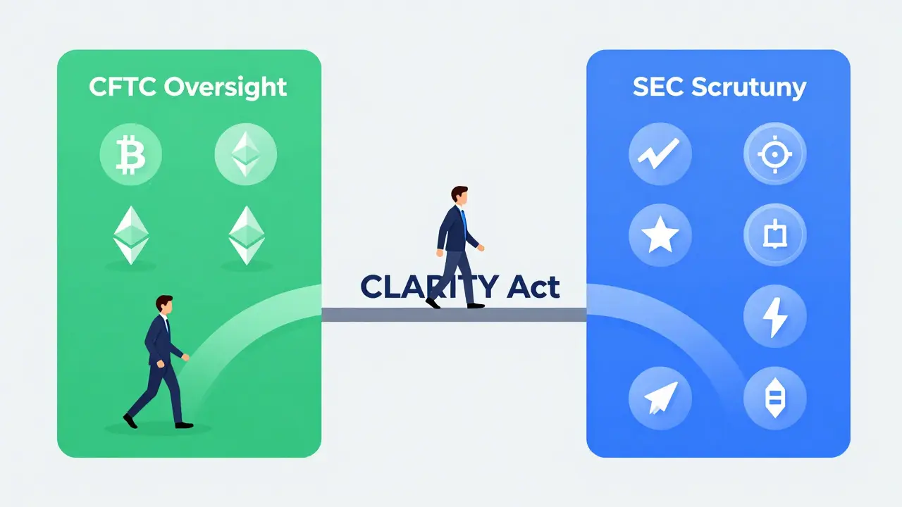 Two clear regulatory paths for commodities and securities connected by a CLARITY Act bridge.