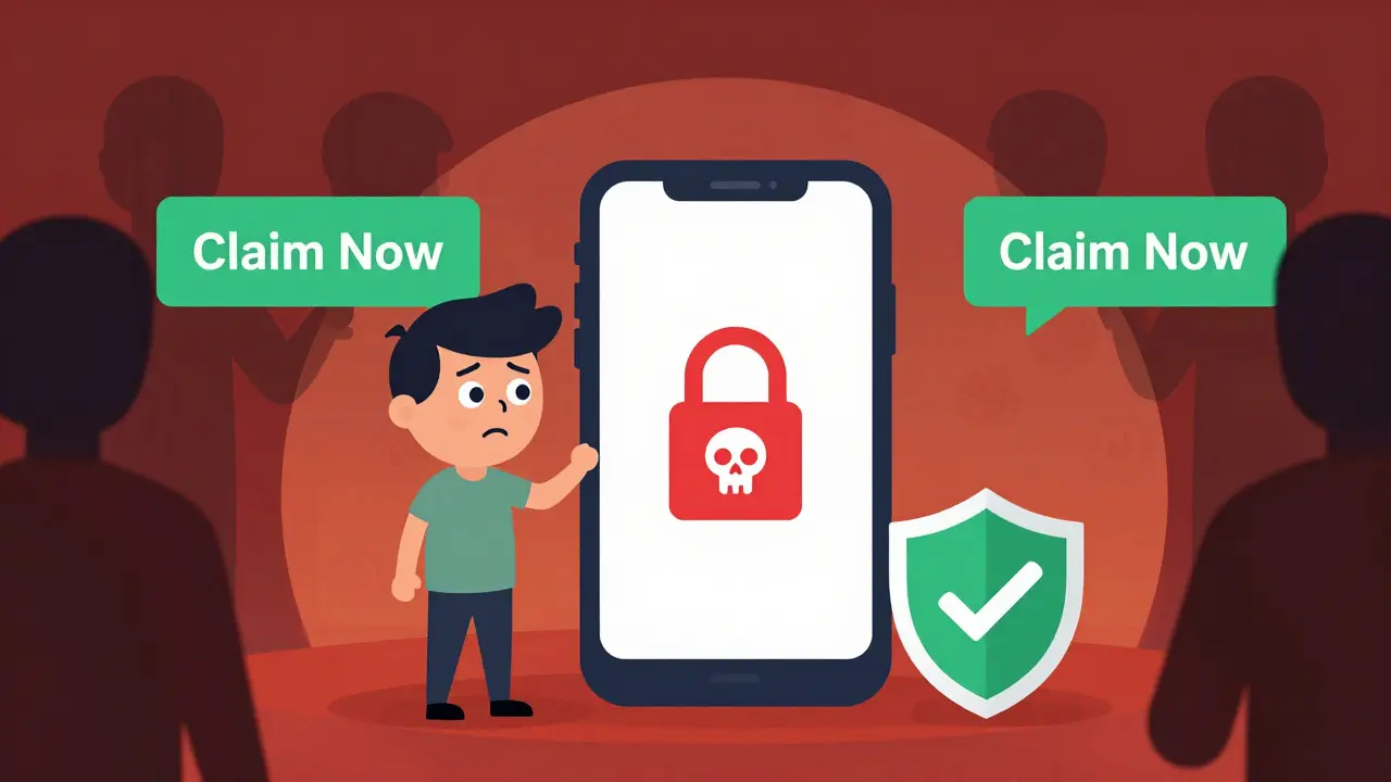Warning illustration of crypto scam risks and phishing attempts for expired airdrops