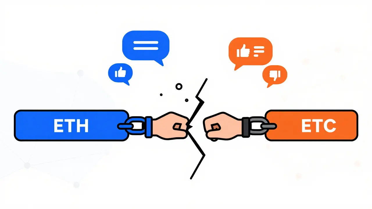 Blockchain splitting into two paths, illustrating a hard fork event