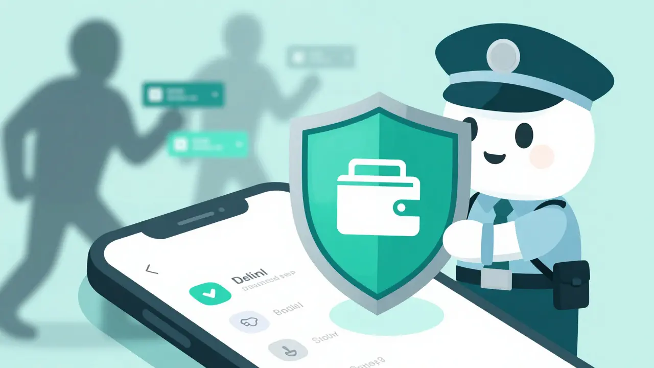 Cartoon graphic showing wallet security against crypto scams