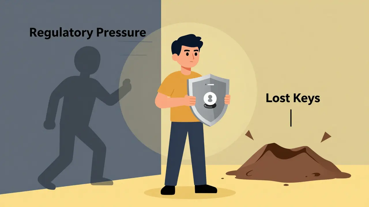 Cartoon showing user protecting assets with hardware wallet against regulatory risks.