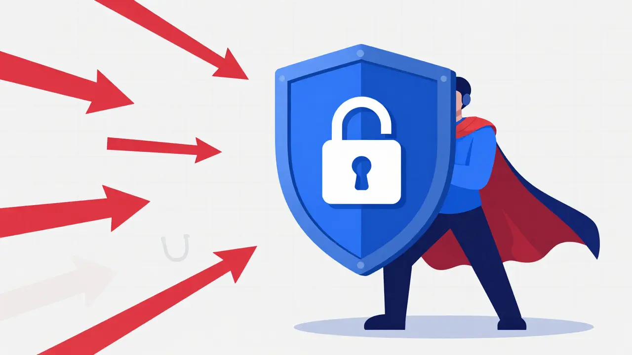 Character holding a shield against phishing scams and arrows