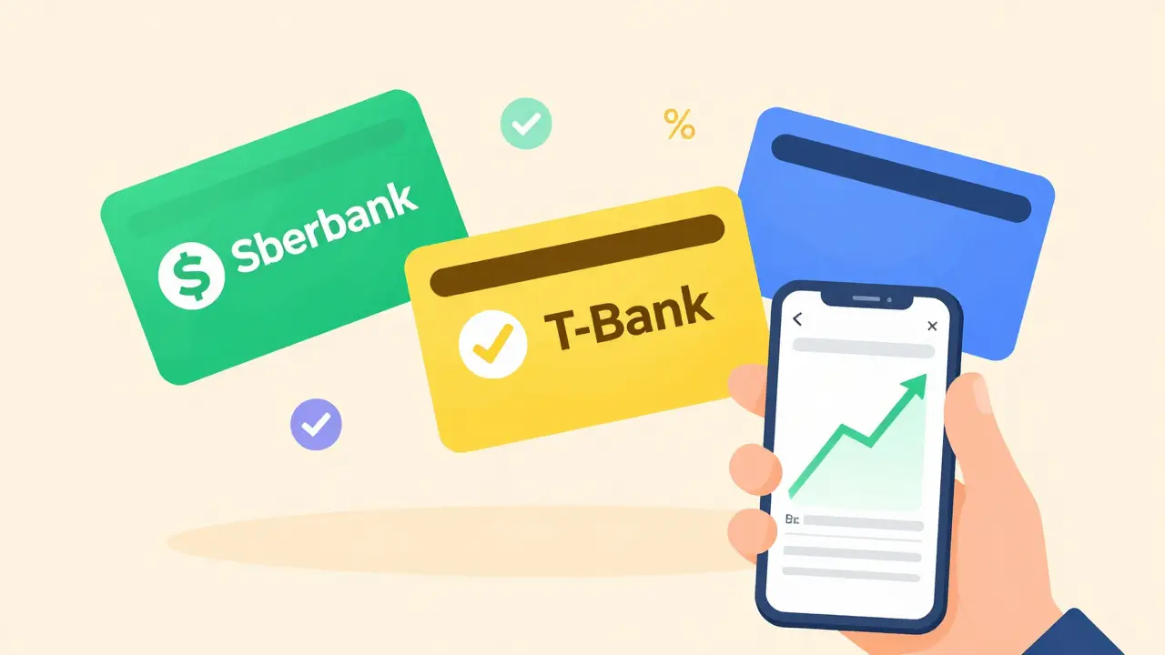 Color-coded bank cards illustrating P2P trading reliability in Russia
