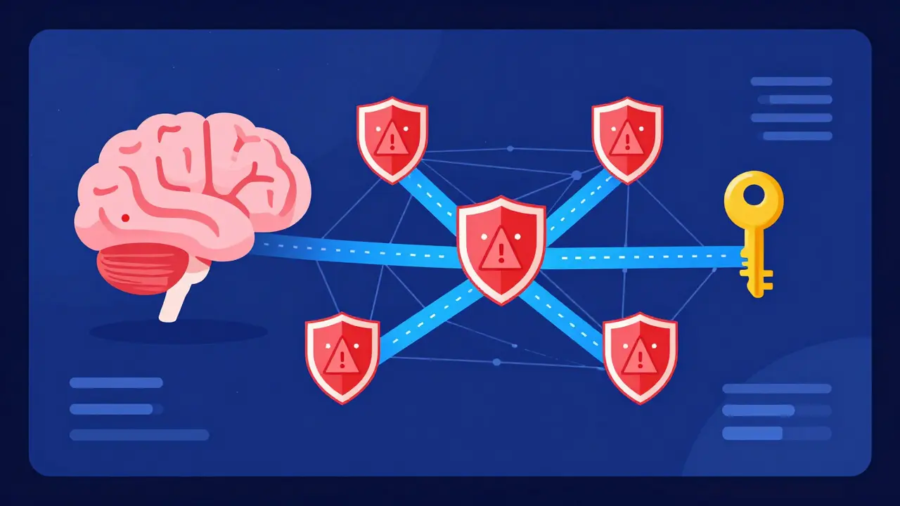 Conceptual art of AI enhancing blockchain security and decentralized identity management.