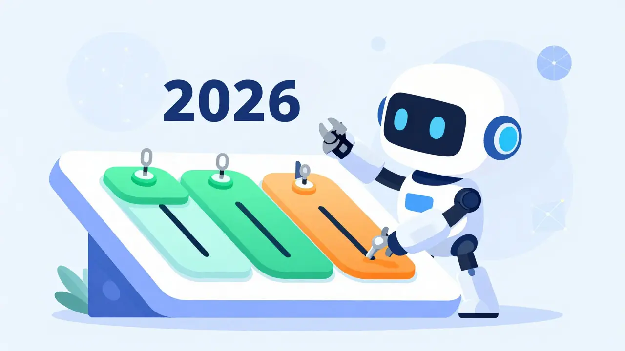 Cute robot automating liquidity settings on a futuristic abstract control panel