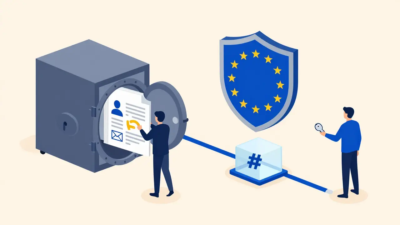 Data stored off-chain with hashes on-chain for GDPR compliance