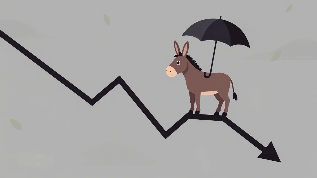 Donkey standing on a volatile downward trend line