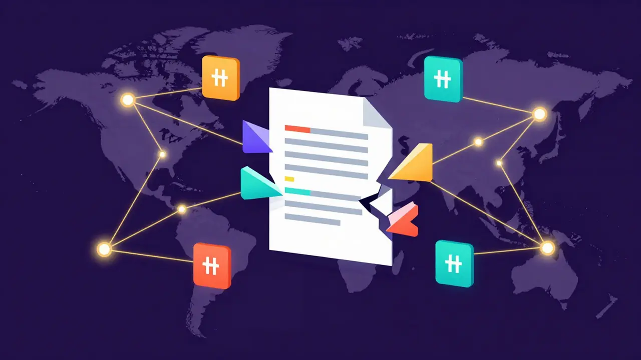Encrypted data shards connected by blockchain network over a globe