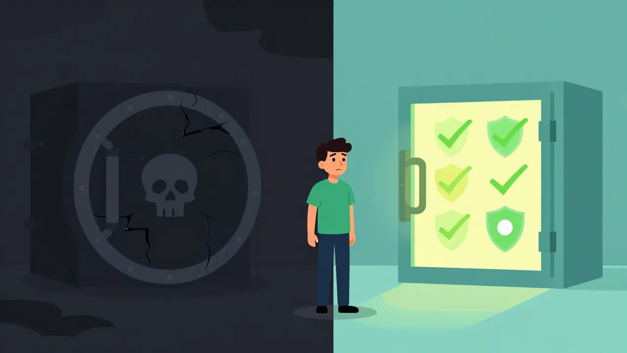Flat art comparing unsafe dark vault to secure bright exchange